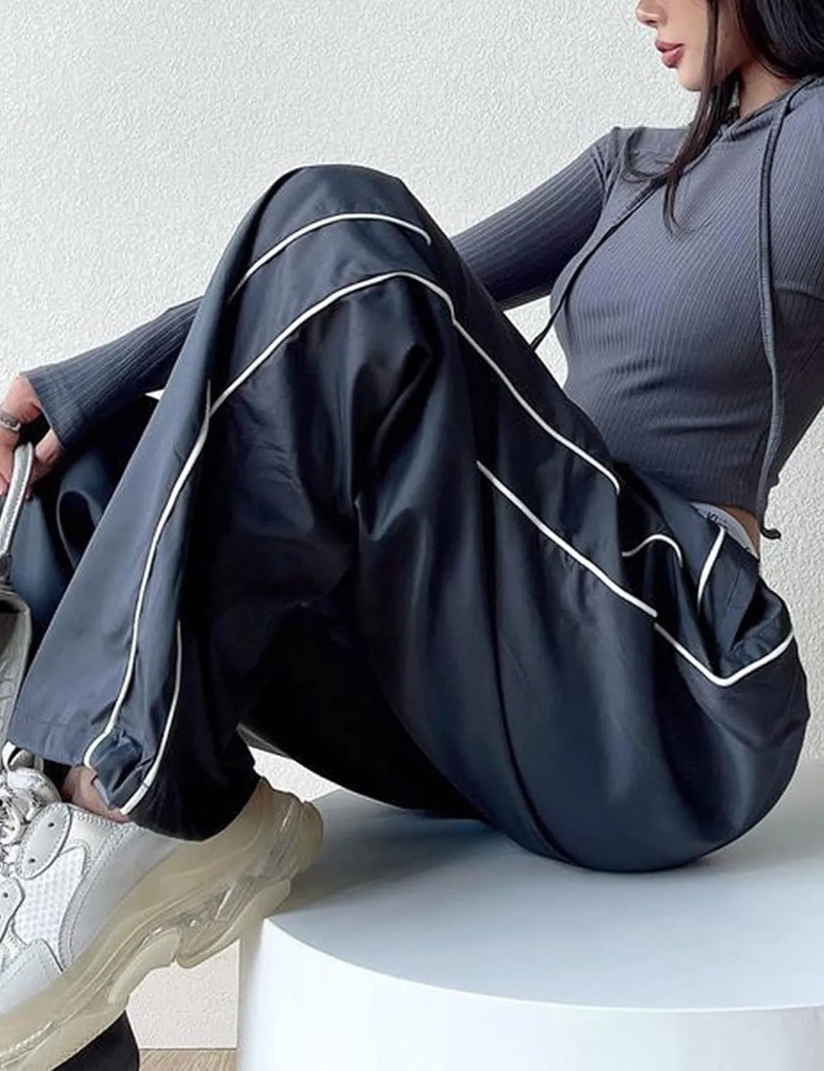 Women's Parachute Pants Baggy Track Y2K Black Elastic Waist Wide Leg Trousers