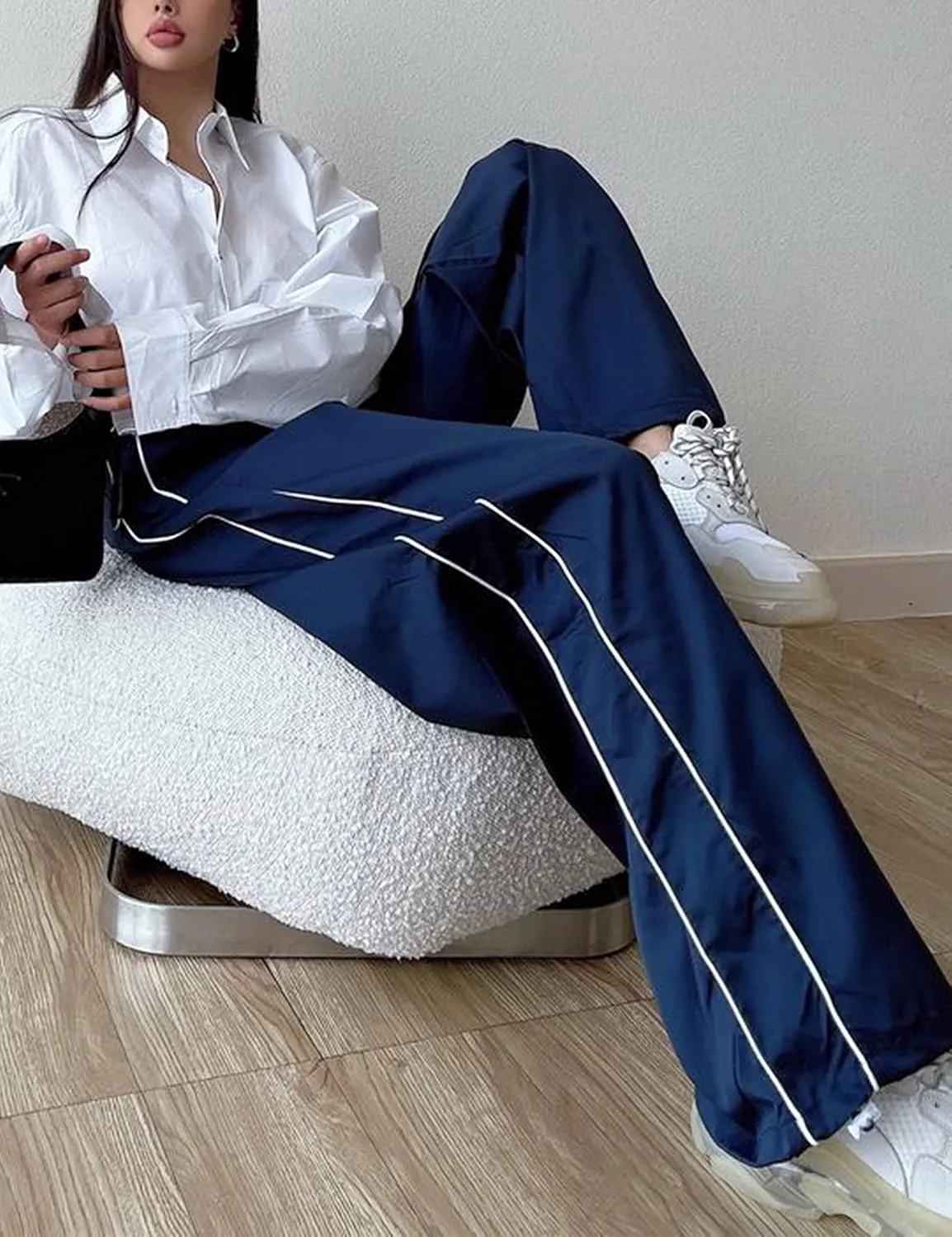 Women's Parachute Pants Baggy Track Y2K Black Elastic Waist Wide Leg Trousers