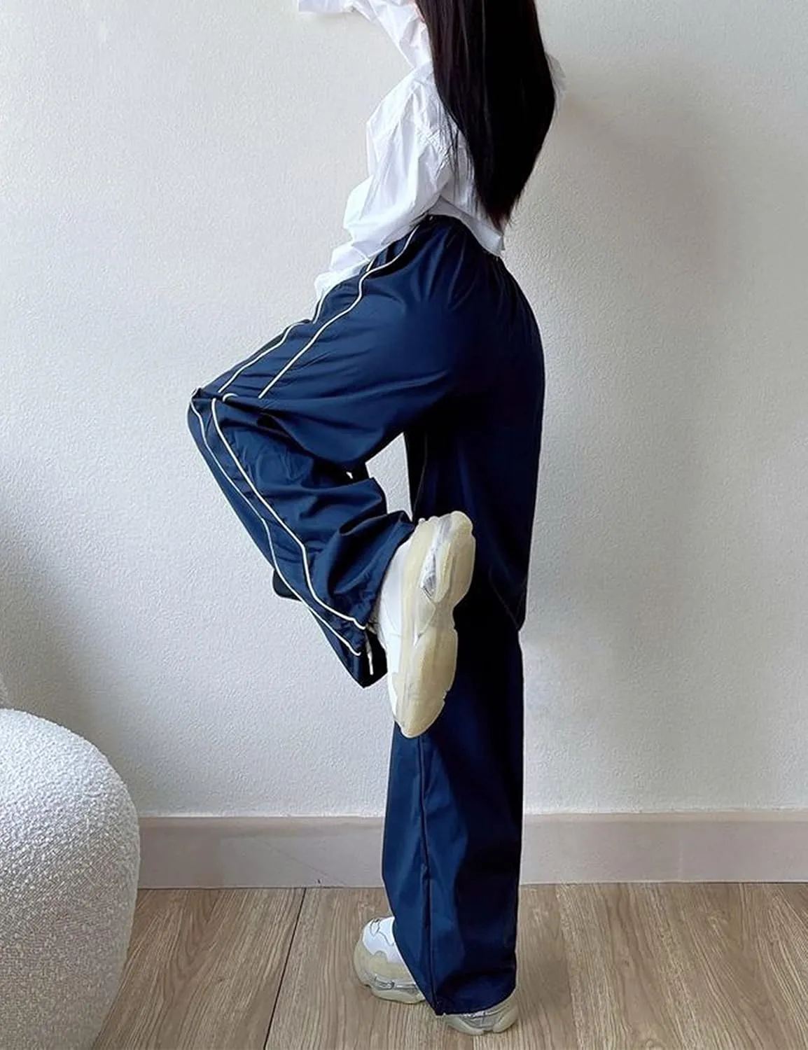 Women's Parachute Pants Baggy Track Y2K Black Elastic Waist Wide Leg Trousers