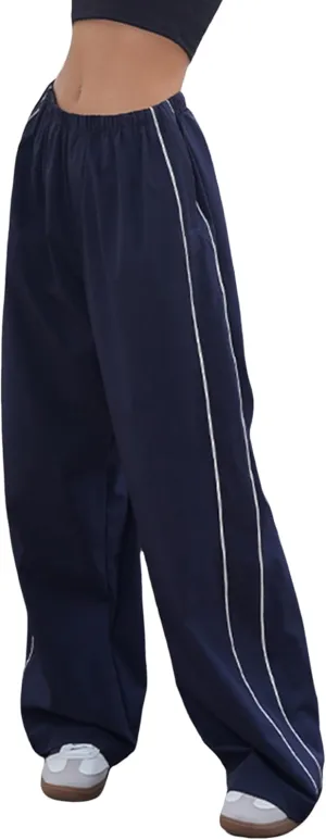 Women's Parachute Pants Baggy Track Y2K Black Elastic Waist Wide Leg Trousers