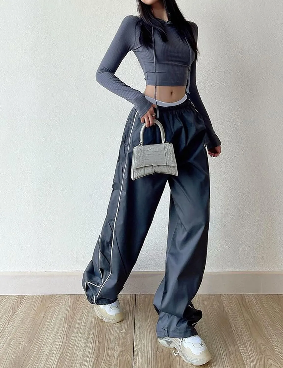 Women's Parachute Pants Baggy Track Y2K Black Elastic Waist Wide Leg Trousers