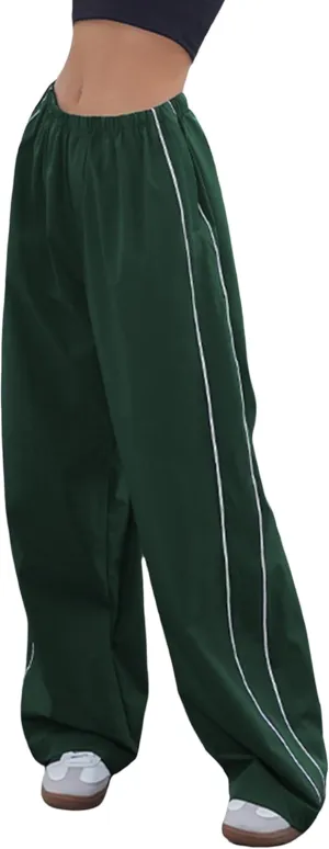Women's Parachute Pants Baggy Track Y2K Black Elastic Waist Wide Leg Trousers