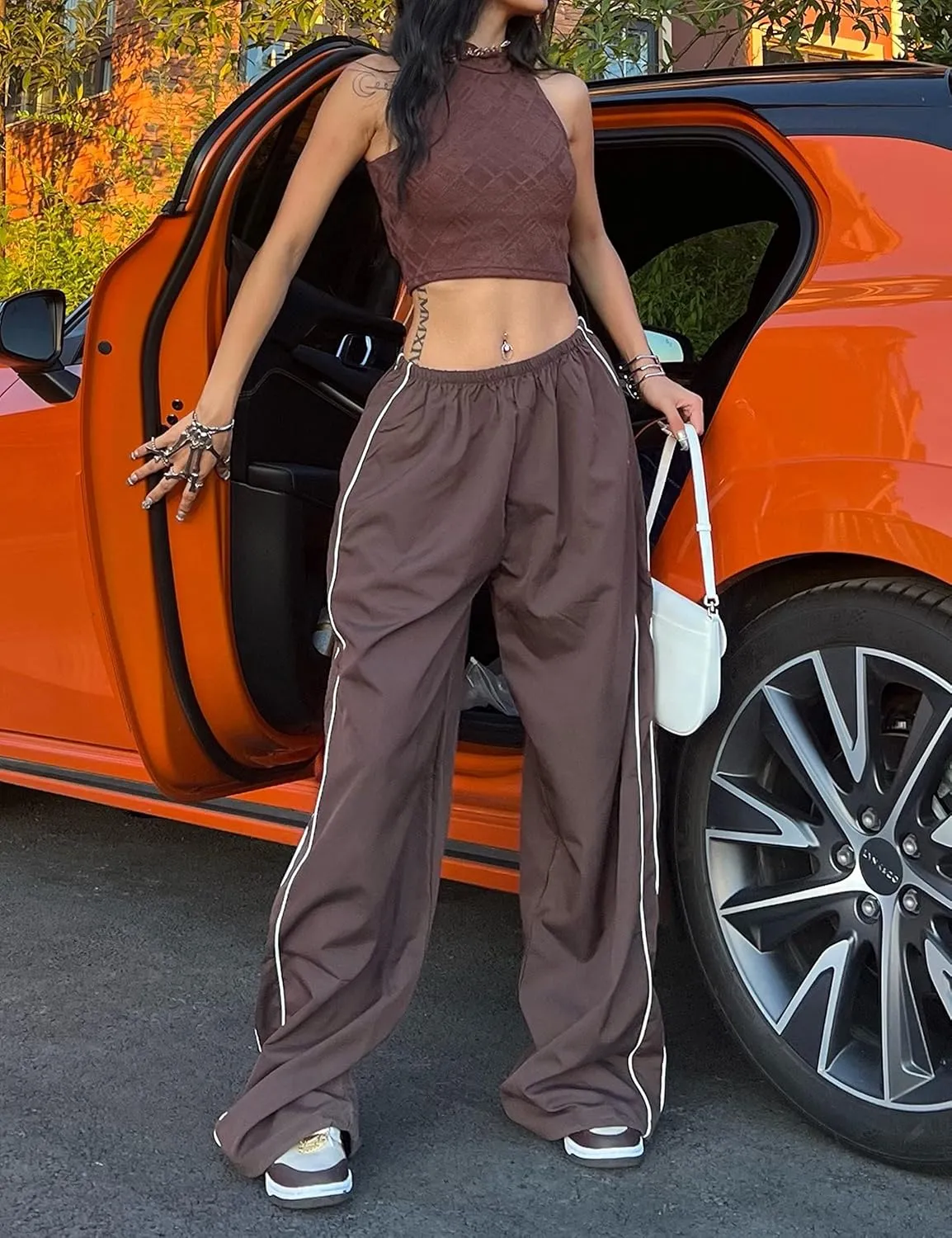 Women's Parachute Pants Baggy Track Y2K Black Elastic Waist Wide Leg Trousers