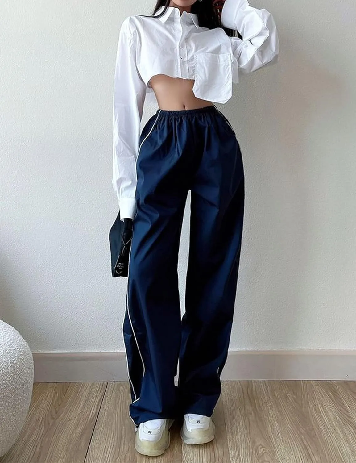Women's Parachute Pants Baggy Track Y2K Black Elastic Waist Wide Leg Trousers