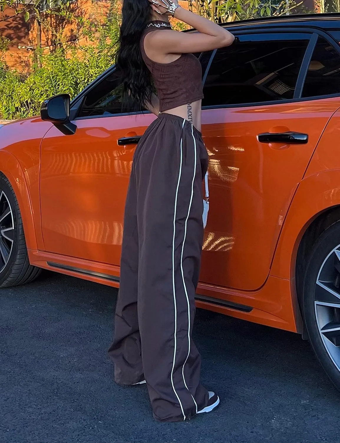 Women's Parachute Pants Baggy Track Y2K Black Elastic Waist Wide Leg Trousers