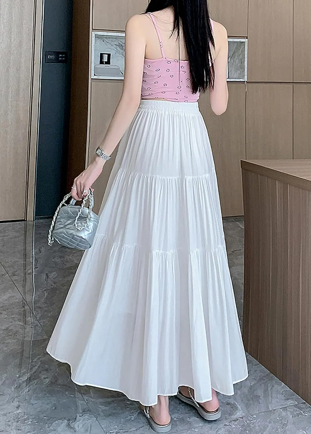 Women's Pleated Tiered Maxi Skirts A-Line Elastic High Waist Flowy Ruffle Flared Maxi Skirt Swing Long Beach Skirt
