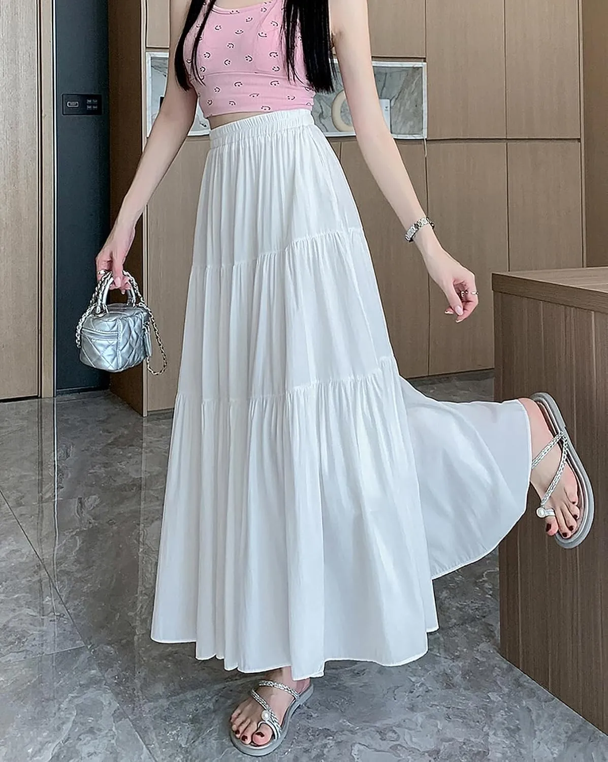 Women's Pleated Tiered Maxi Skirts A-Line Elastic High Waist Flowy Ruffle Flared Maxi Skirt Swing Long Beach Skirt