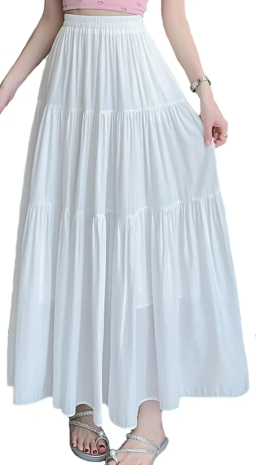 Women's Pleated Tiered Maxi Skirts A-Line Elastic High Waist Flowy Ruffle Flared Maxi Skirt Swing Long Beach Skirt