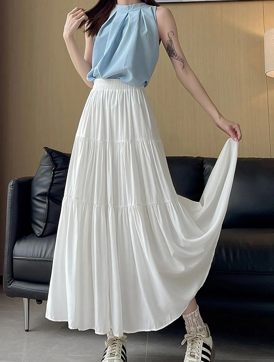 Women's Pleated Tiered Maxi Skirts A-Line Elastic High Waist Flowy Ruffle Flared Maxi Skirt Swing Long Beach Skirt