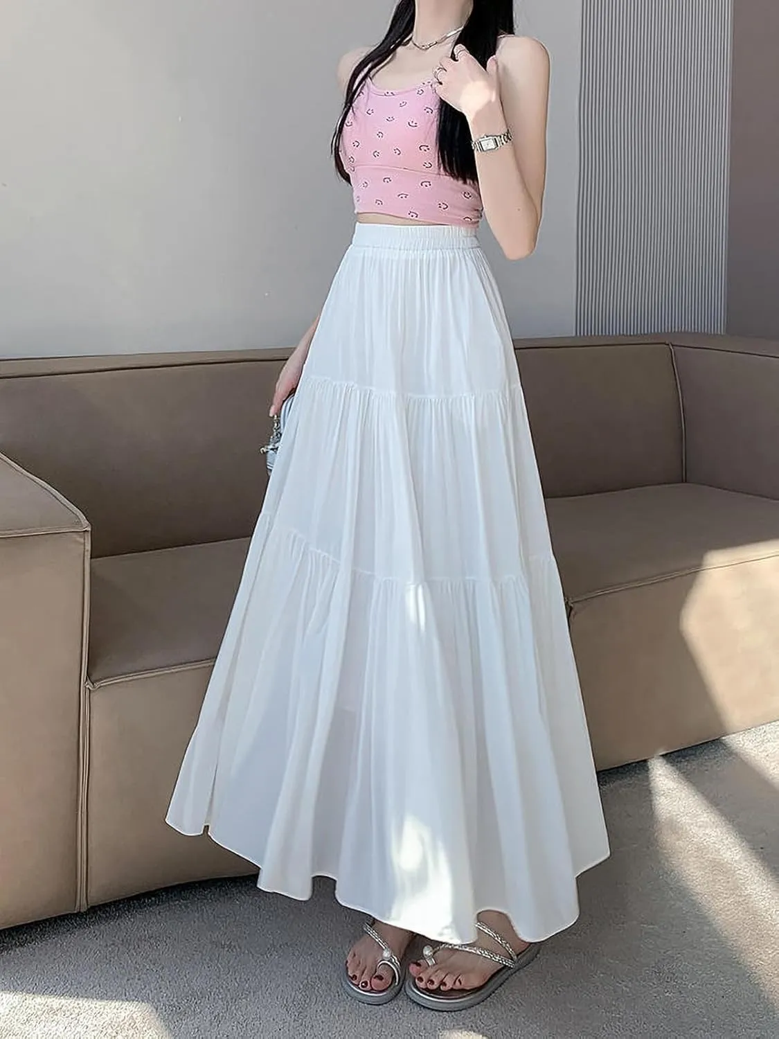 Women's Pleated Tiered Maxi Skirts A-Line Elastic High Waist Flowy Ruffle Flared Maxi Skirt Swing Long Beach Skirt