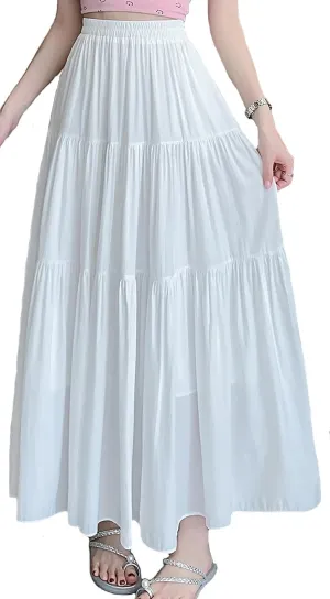 Women's Pleated Tiered Maxi Skirts A-Line Elastic High Waist Flowy Ruffle Flared Maxi Skirt Swing Long Beach Skirt
