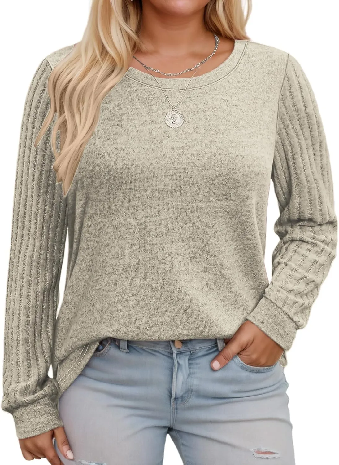 Womens-Plus-Size-Tops Trendy Long Sleeve T Shirts Dressy Lightweight Knit Sweaters Casual Loose Pullover Sweatshirts