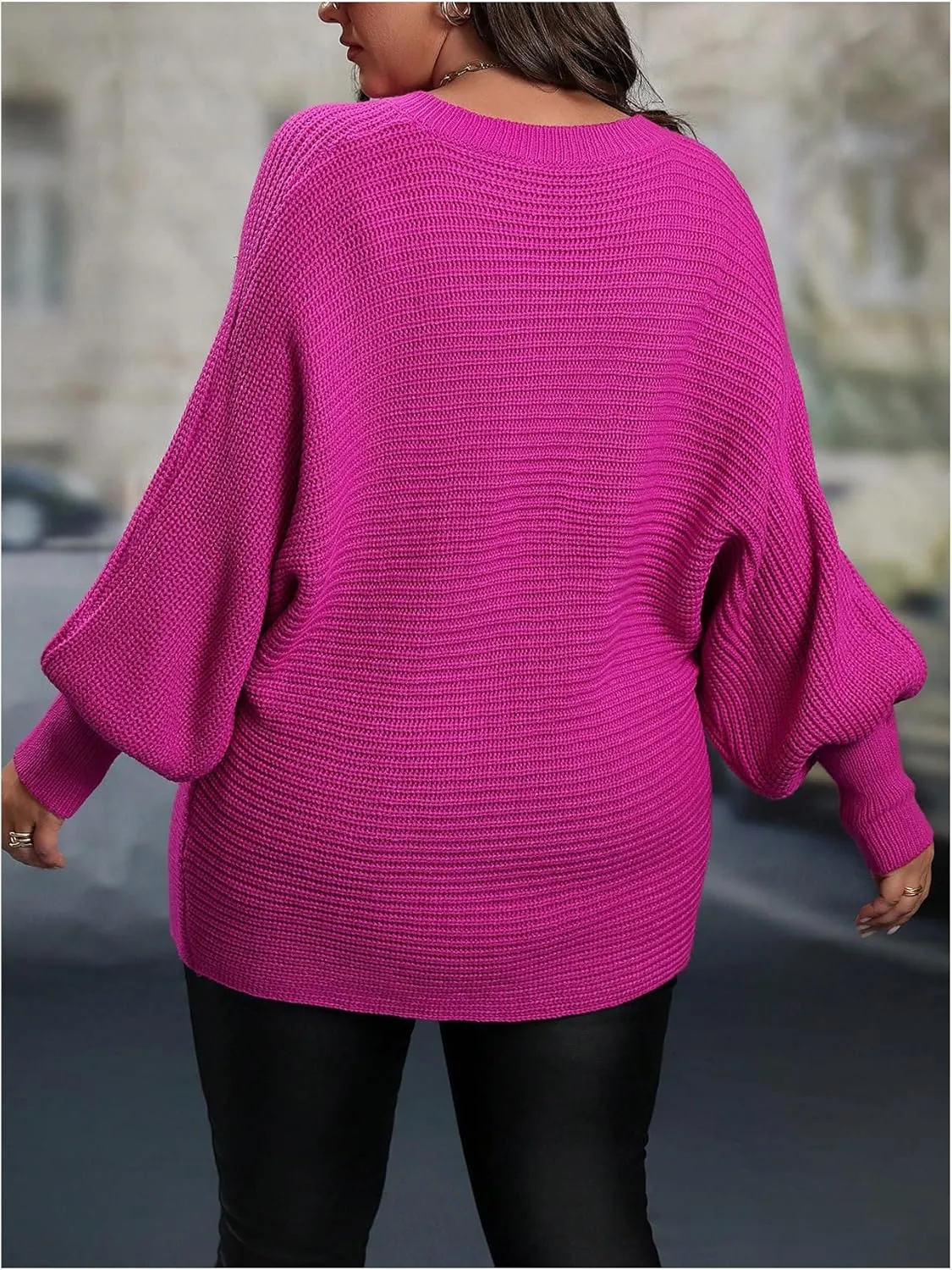 Women's Plus Size V Neck Lantern Sleeve Sweaters Loose Casual Pullover Knitwear