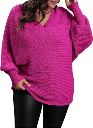Women's Plus Size V Neck Lantern Sleeve Sweaters Loose Casual Pullover Knitwear