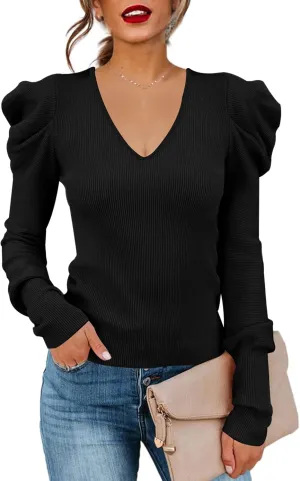 Women's Puff Long Sleeve Knit Pullover Sweaters Casual V Neck Ribbed Solid Soft Slim Fit Sweater Blouse Tops