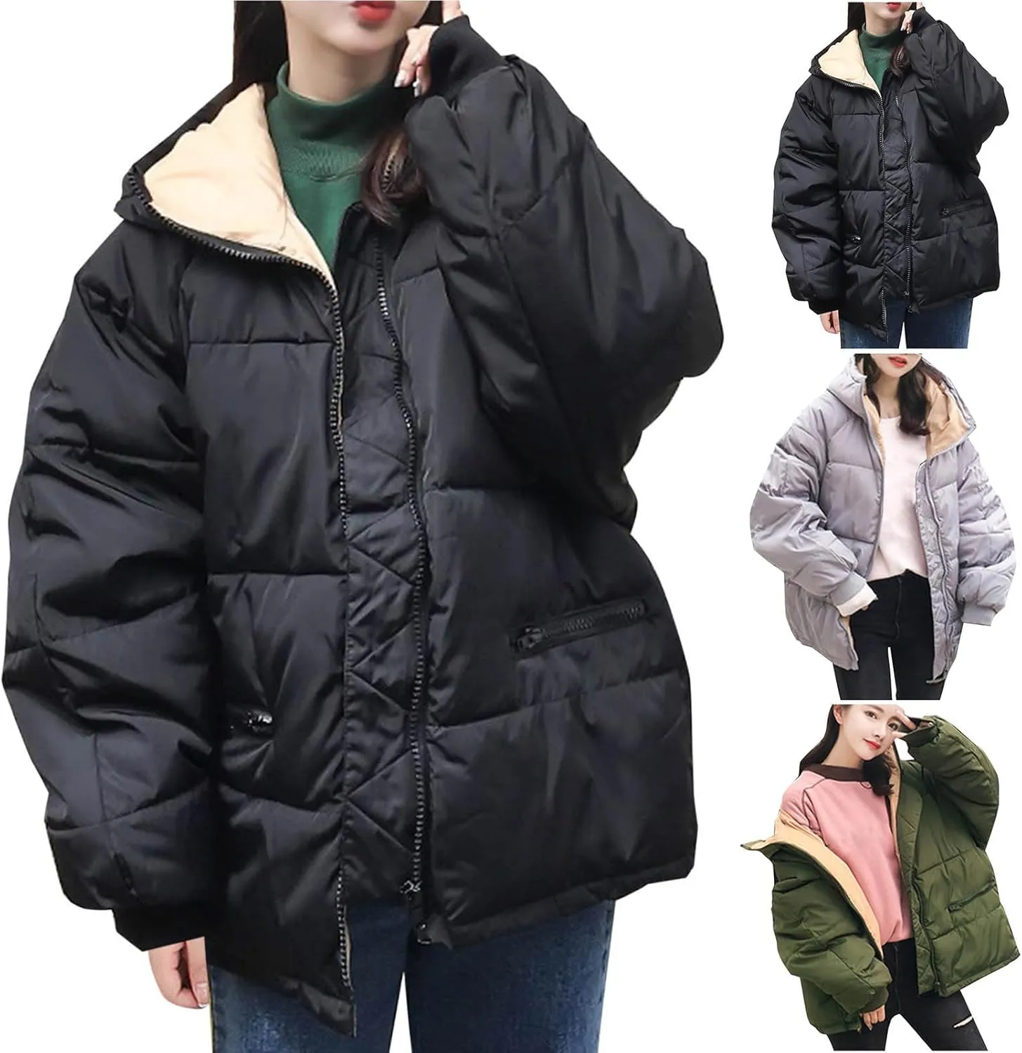 Women's Puffer Jackets Casual Winter Full Zip up Down Coats Oversized Quilted Jacket Warm Outerwear with Pockets