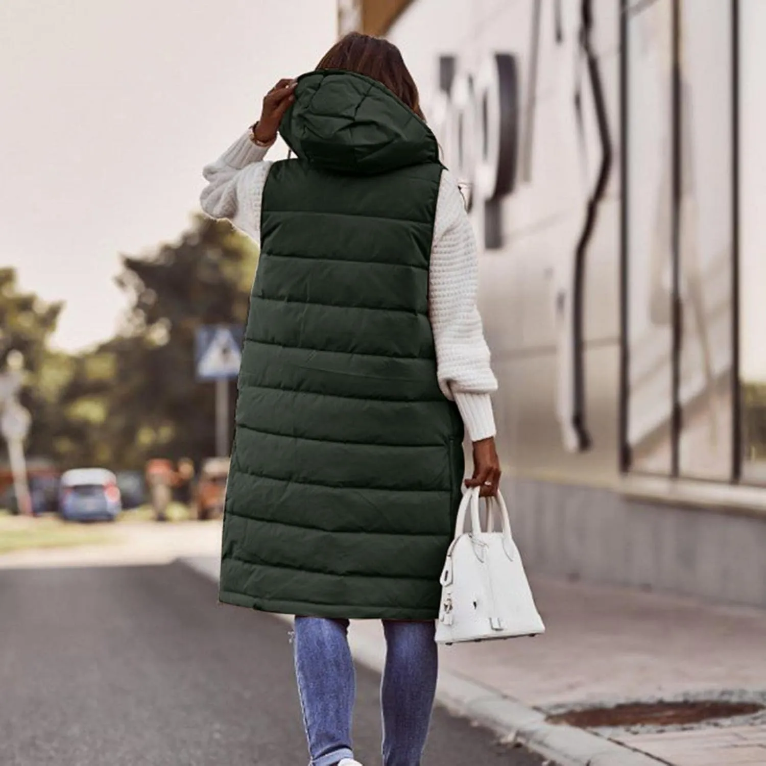 Womens Quilted Puffer Vest with Hooded Zipper Lightweight Long Down Sleeveless Jackets Warm Winter Coats with Pockets