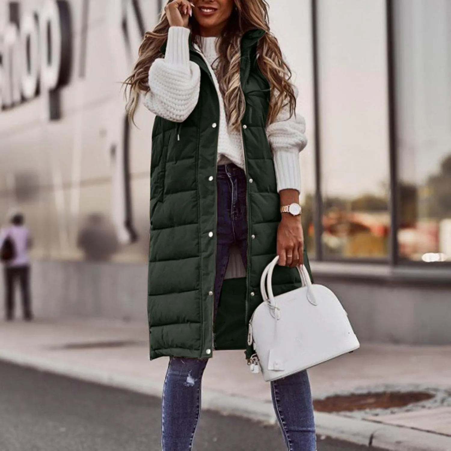 Womens Quilted Puffer Vest with Hooded Zipper Lightweight Long Down Sleeveless Jackets Warm Winter Coats with Pockets