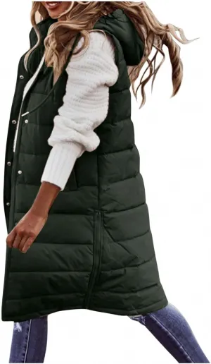 Womens Quilted Puffer Vest with Hooded Zipper Lightweight Long Down Sleeveless Jackets Warm Winter Coats with Pockets