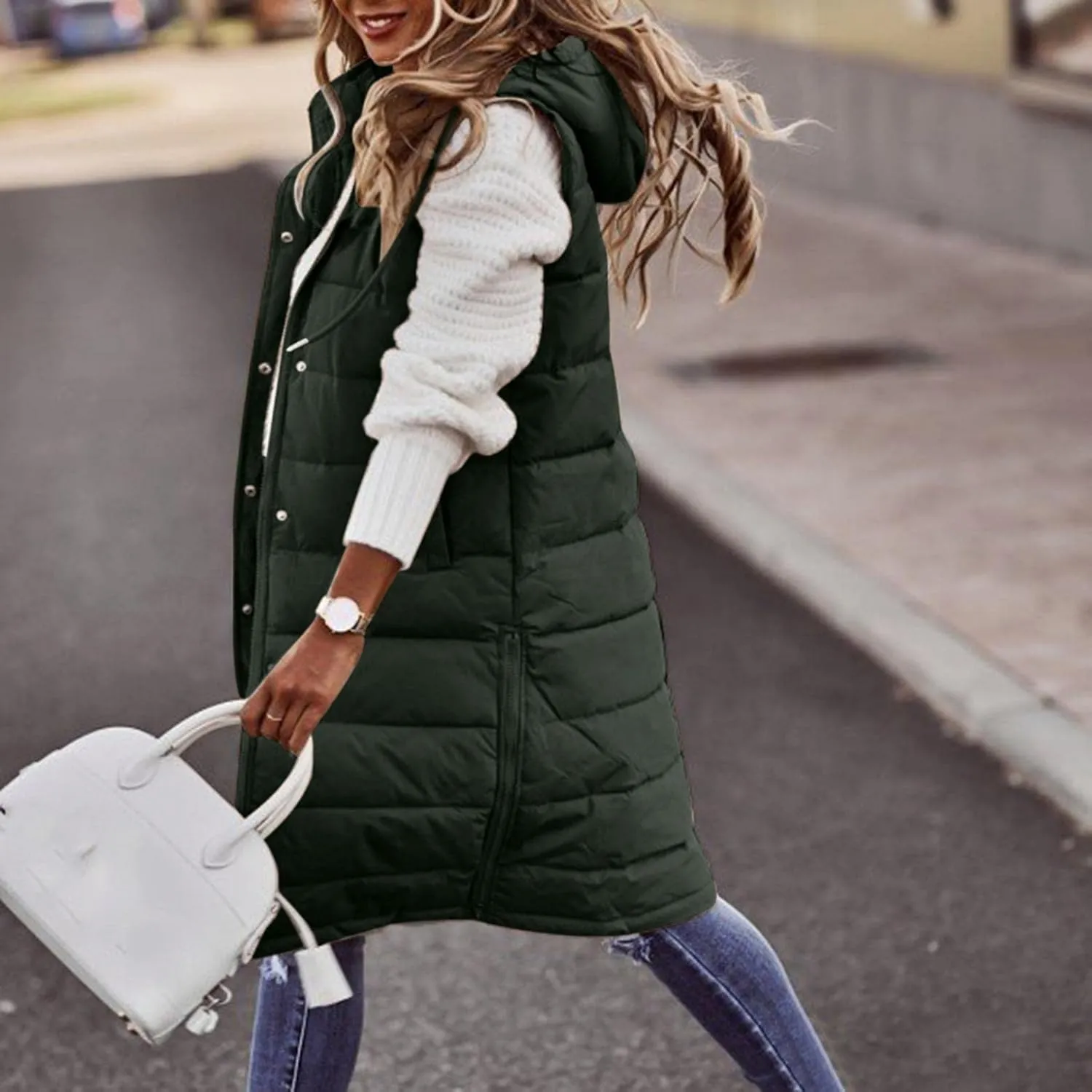 Womens Quilted Puffer Vest with Hooded Zipper Lightweight Long Down Sleeveless Jackets Warm Winter Coats with Pockets