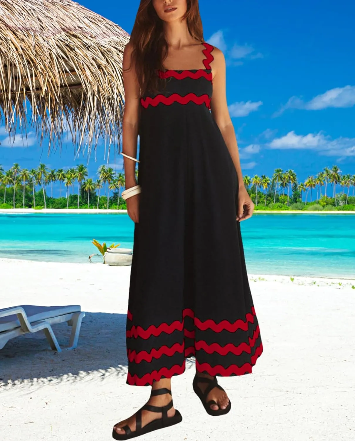 Women's Retro Plaid Maxi Dress 2025 Thick Shoulder Straps Back Cutout Smocked Flounce Hem Summer Beach Long Dress