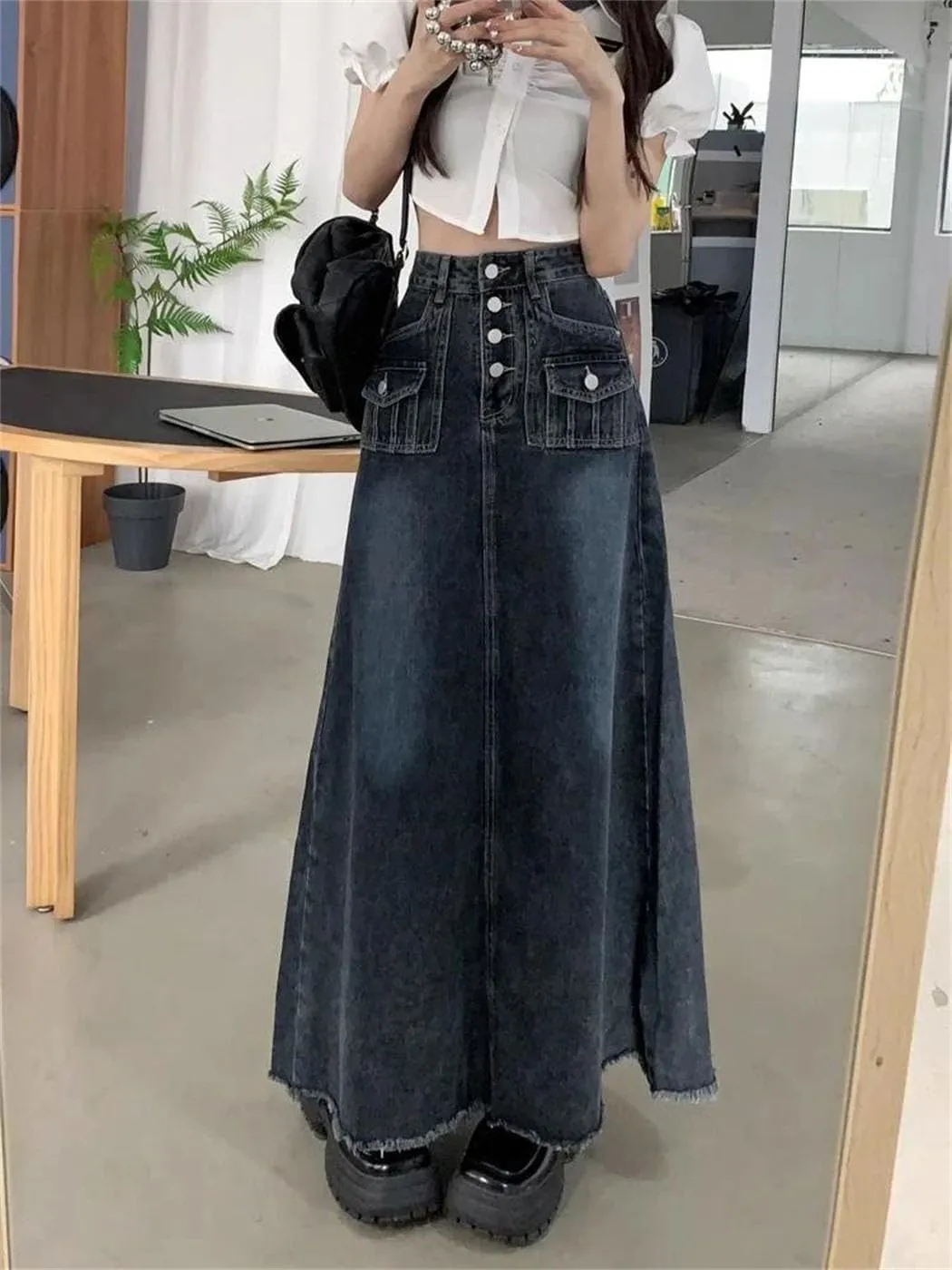 Women's Single Breasted A-Line Long Denim Skirt Vintage Summer Streetwear Style Ankle-Length Large Skirts