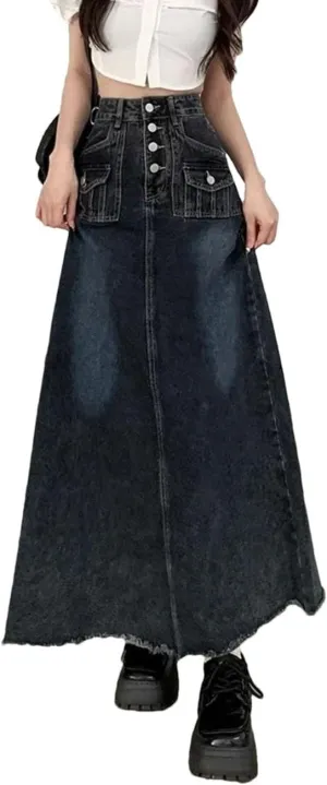 Women's Single Breasted A-Line Long Denim Skirt Vintage Summer Streetwear Style Ankle-Length Large Skirts