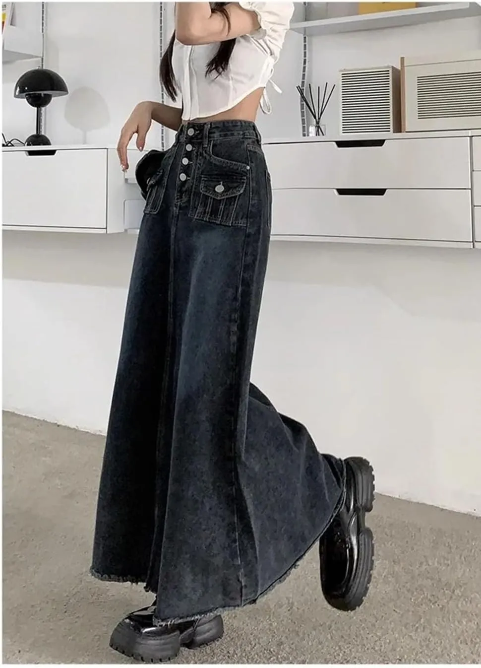 Women's Single Breasted A-Line Long Denim Skirt Vintage Summer Streetwear Style Ankle-Length Large Skirts