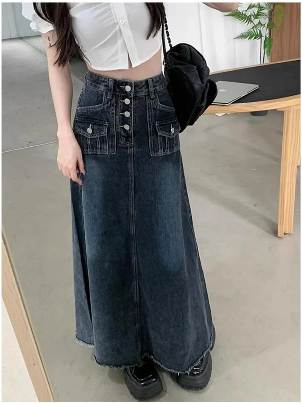 Women's Single Breasted A-Line Long Denim Skirt Vintage Summer Streetwear Style Ankle-Length Large Skirts
