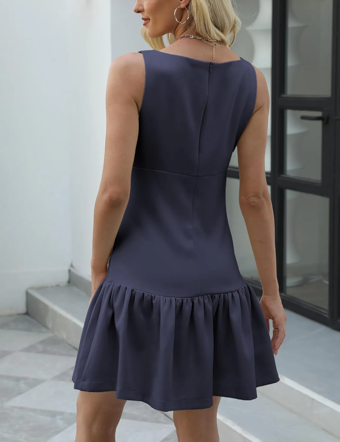Womens Sleeveless Pleated Dress Girdling A Line Solid Color Pullover Round Neck Bow Zipper Back Mini Dress