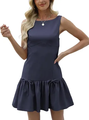 Womens Sleeveless Pleated Dress Girdling A Line Solid Color Pullover Round Neck Bow Zipper Back Mini Dress
