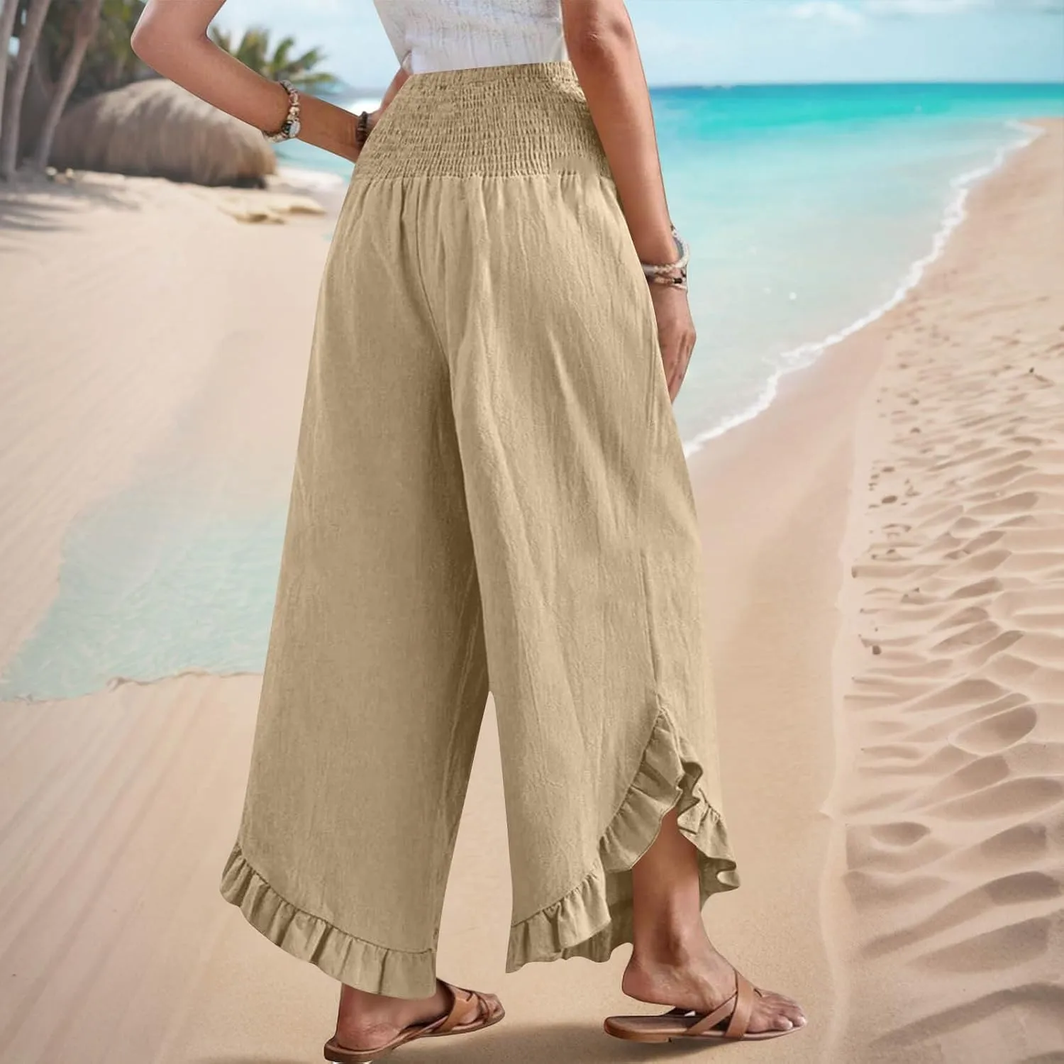 Womens Smocked Waist Ruffle Hem Palazzo Pants Boho Wide Leg Cotton Linen Trouser 2025 Fashion Casual Comfy Flowy Pants