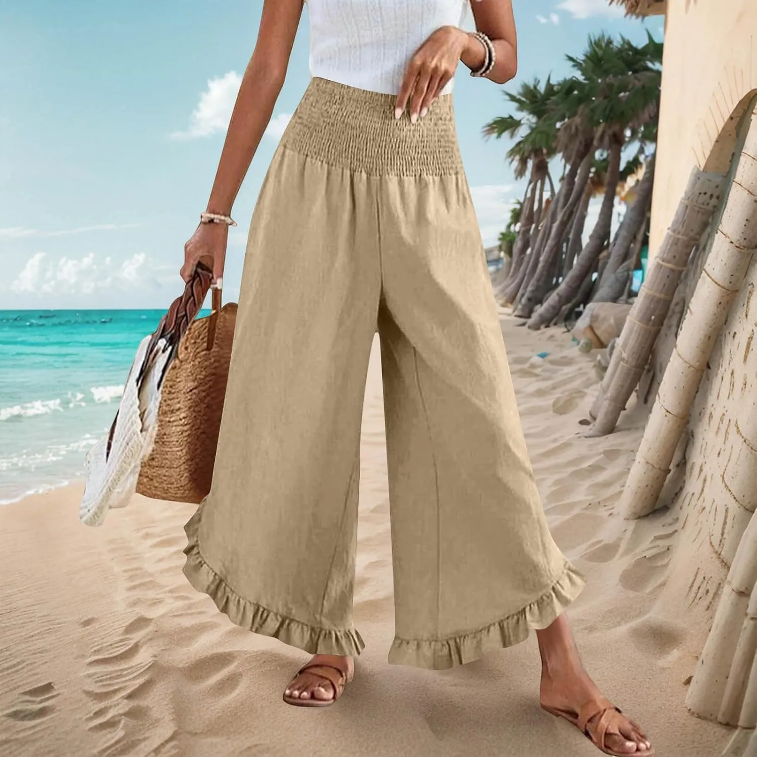 Womens Smocked Waist Ruffle Hem Palazzo Pants Boho Wide Leg Cotton Linen Trouser 2025 Fashion Casual Comfy Flowy Pants