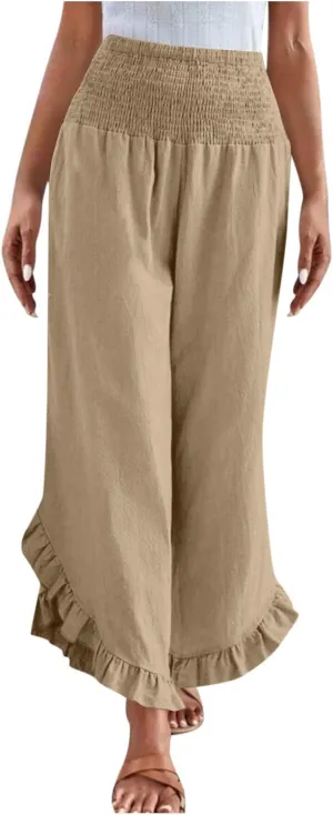 Womens Smocked Waist Ruffle Hem Palazzo Pants Boho Wide Leg Cotton Linen Trouser 2025 Fashion Casual Comfy Flowy Pants