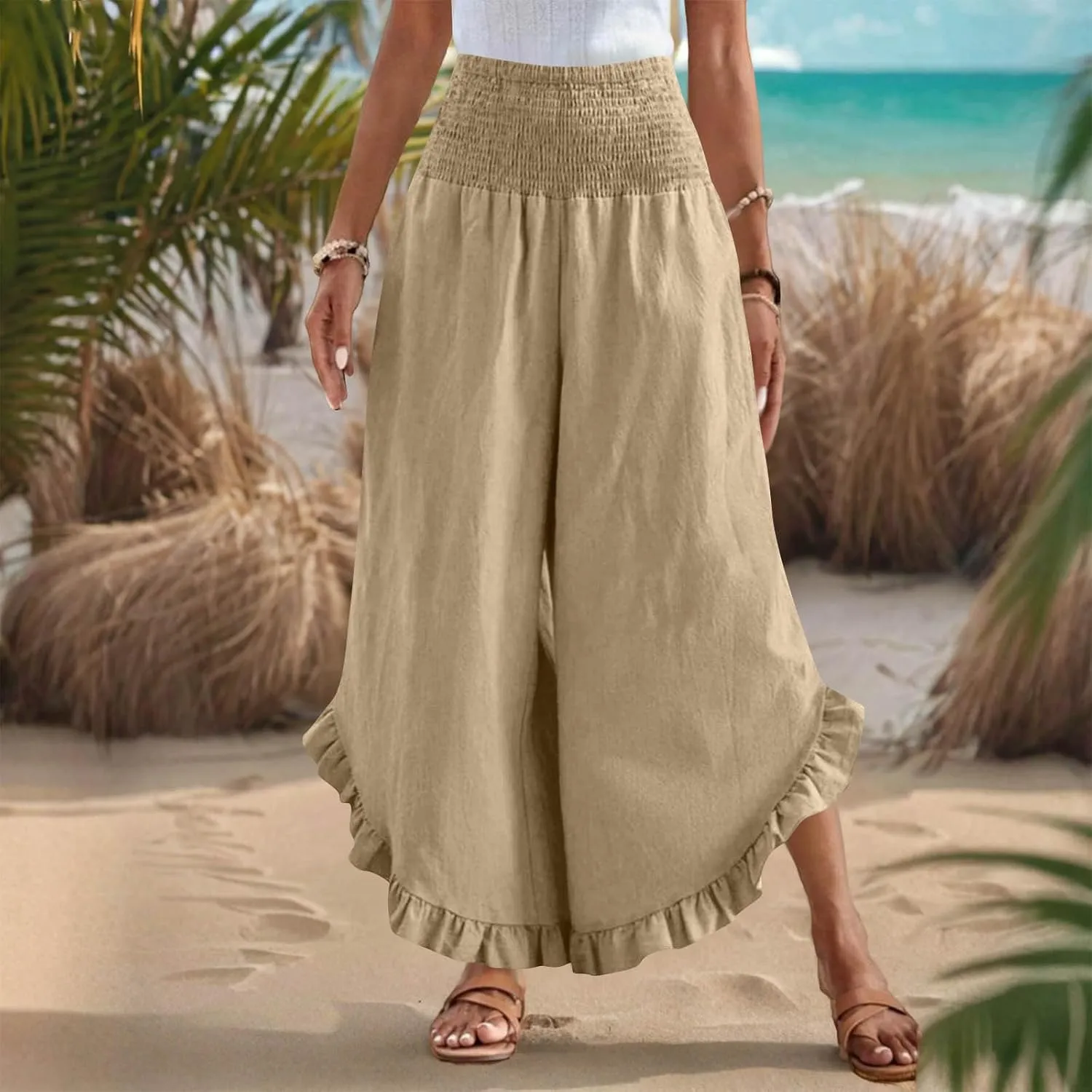 Womens Smocked Waist Ruffle Hem Palazzo Pants Boho Wide Leg Cotton Linen Trouser 2025 Fashion Casual Comfy Flowy Pants