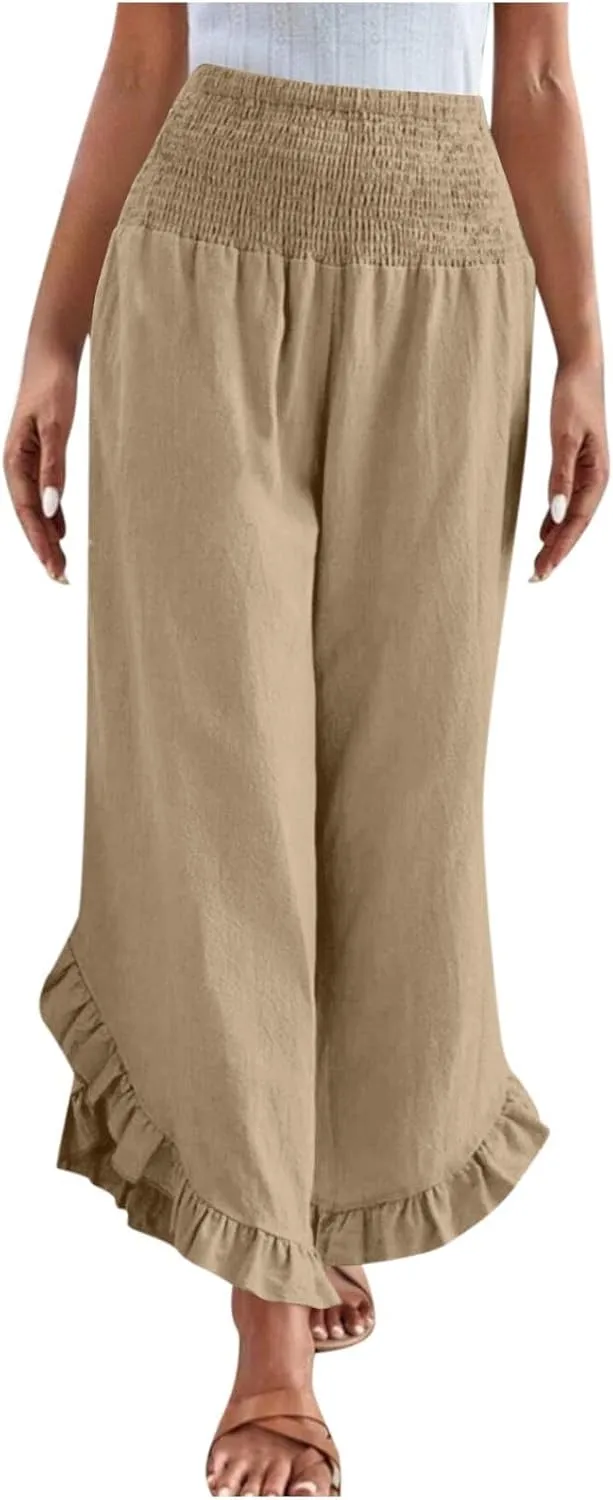 Womens Smocked Waist Ruffle Hem Palazzo Pants Boho Wide Leg Cotton Linen Trouser 2025 Fashion Casual Comfy Flowy Pants