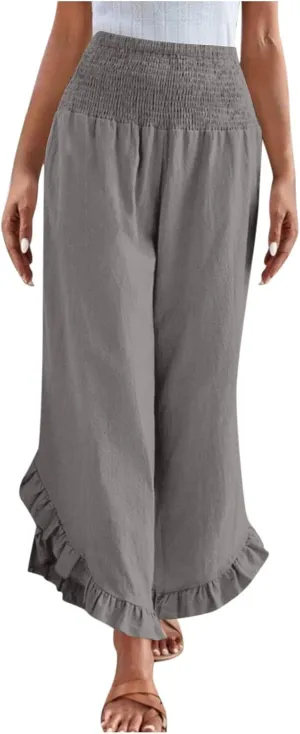 Womens Smocked Waist Ruffle Hem Palazzo Pants Boho Wide Leg Cotton Linen Trouser 2025 Fashion Casual Comfy Flowy Pants