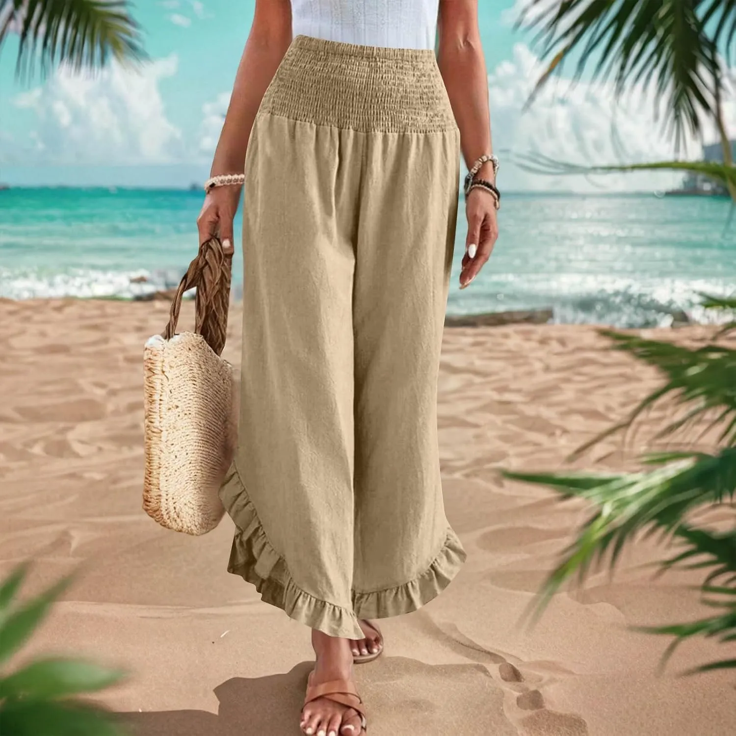 Womens Smocked Waist Ruffle Hem Palazzo Pants Boho Wide Leg Cotton Linen Trouser 2025 Fashion Casual Comfy Flowy Pants