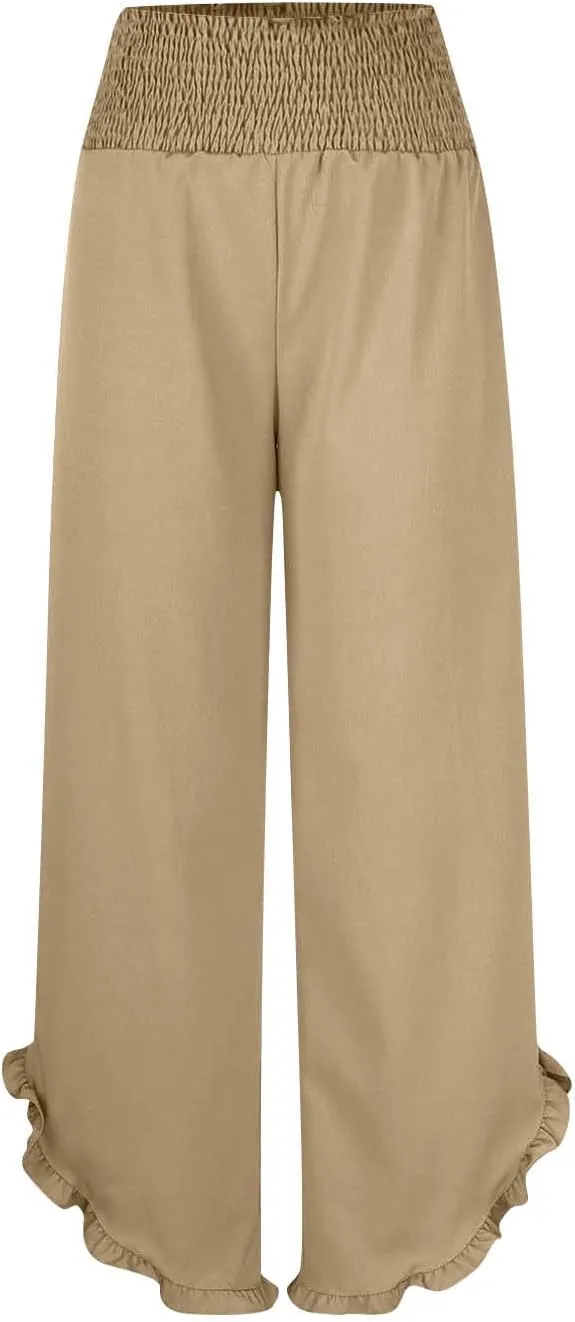Womens Smocked Waist Ruffle Hem Palazzo Pants Boho Wide Leg Cotton Linen Trouser 2025 Fashion Casual Comfy Flowy Pants