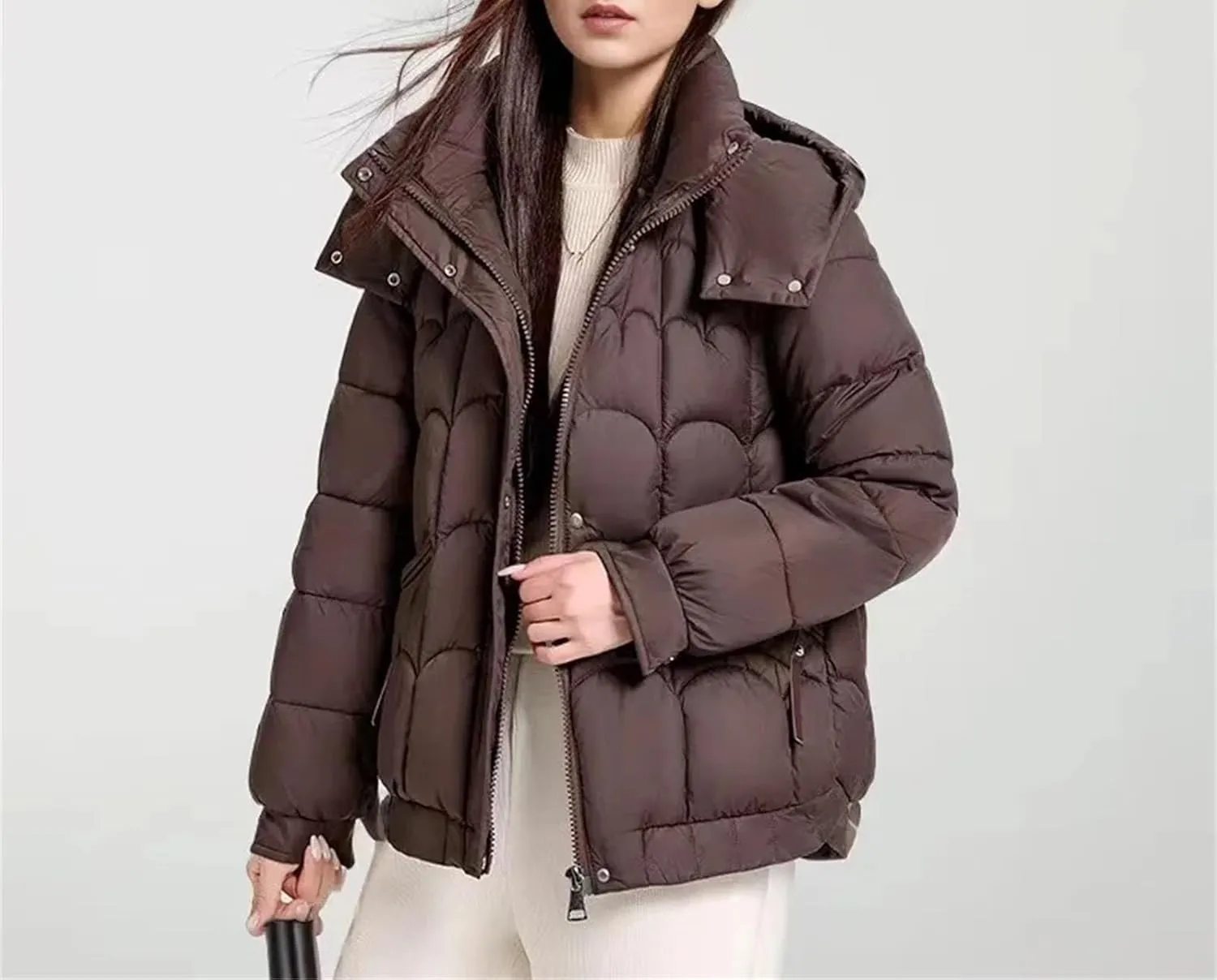 Women's Solid Color Parkas Hooded Stand Collar Warm Down Cotton Jacket Female Winter Short Puffer Zipper Coats