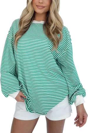 Women's Stripe Print Pullover Sweatshirt Long Sleeve CrewNeck Cropped Length Top Oversized Loose Casual Streetwear