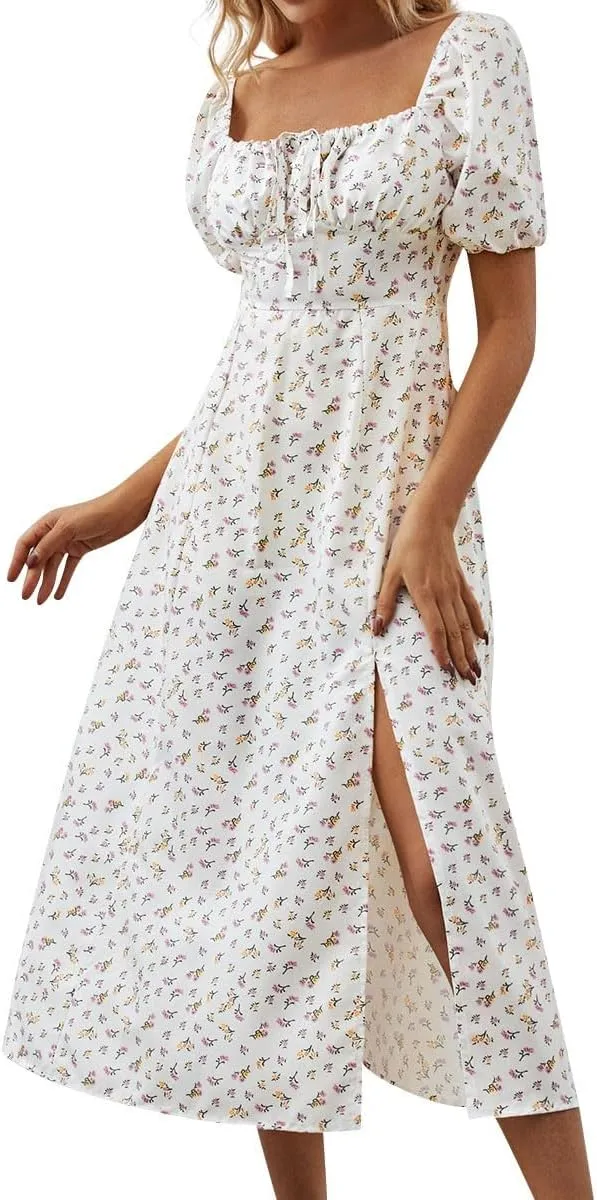 Women's Summer Puff Sleeve Floral Split Maxi Dress Flowy A Line Casual Beach Long Dresses 2025 Boho Floral Dress