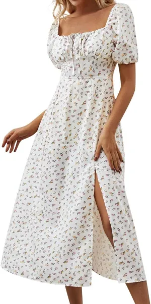 Women's Summer Puff Sleeve Floral Split Maxi Dress Flowy A Line Casual Beach Long Dresses 2025 Boho Floral Dress