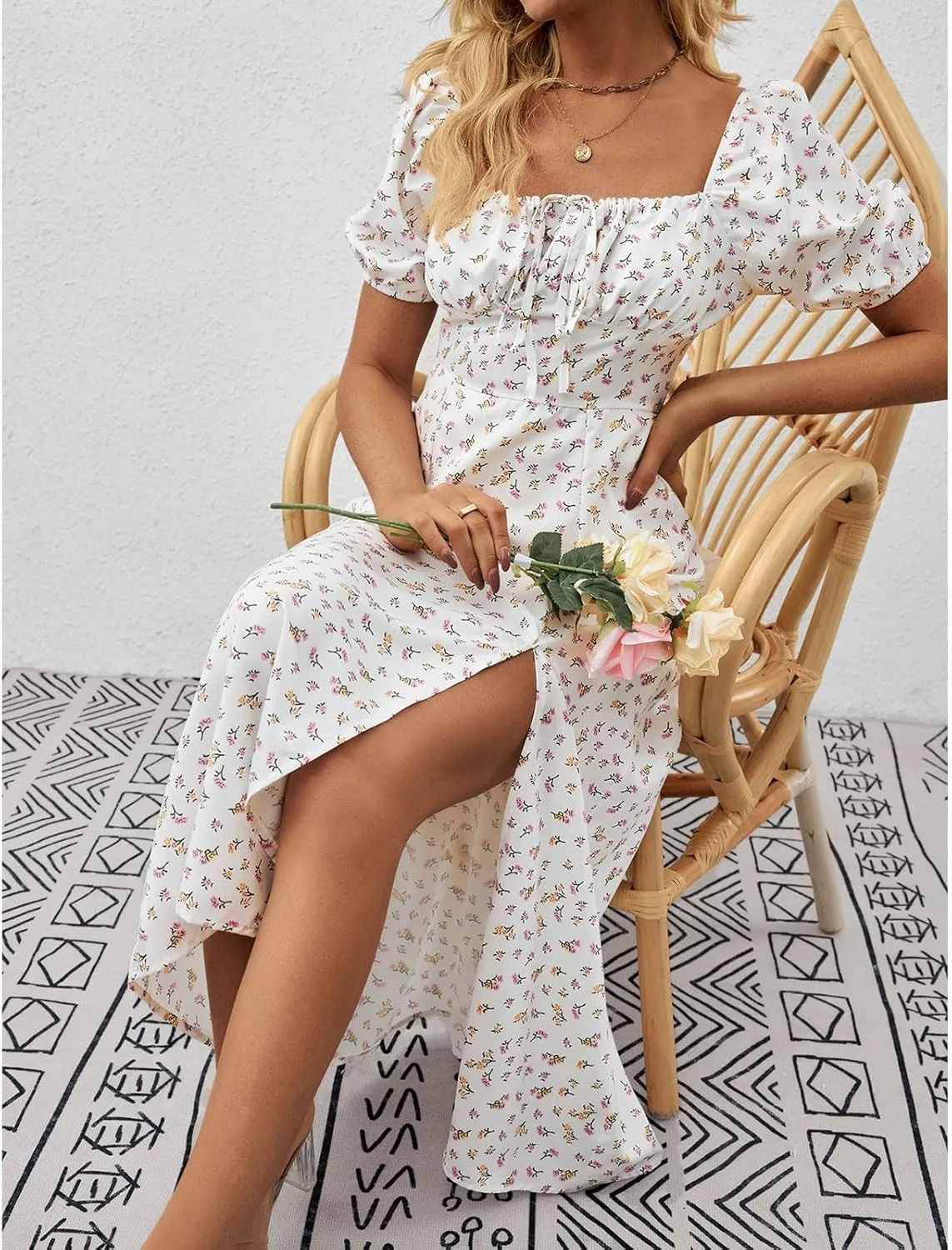 Women's Summer Puff Sleeve Floral Split Maxi Dress Flowy A Line Casual Beach Long Dresses 2025 Boho Floral Dress