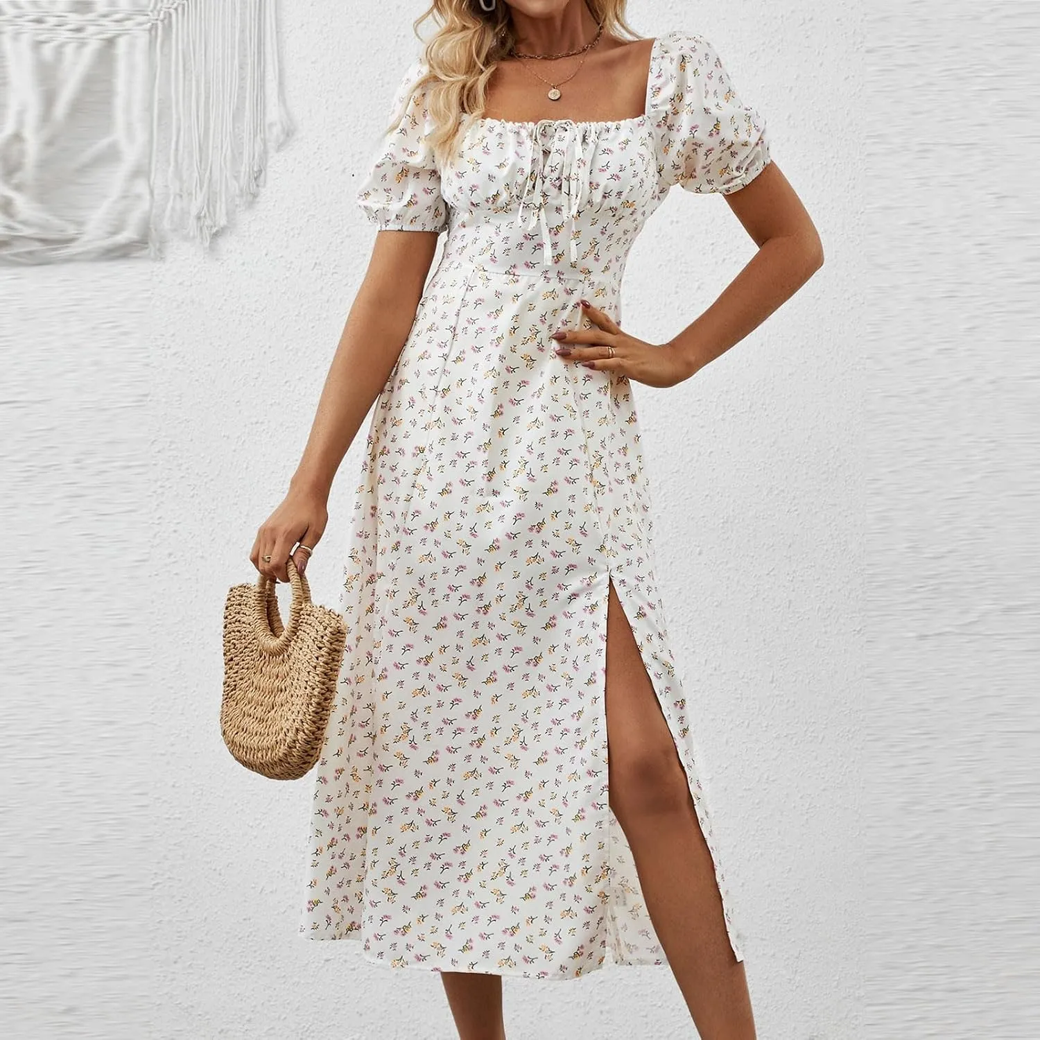 Women's Summer Puff Sleeve Floral Split Maxi Dress Flowy A Line Casual Beach Long Dresses 2025 Boho Floral Dress