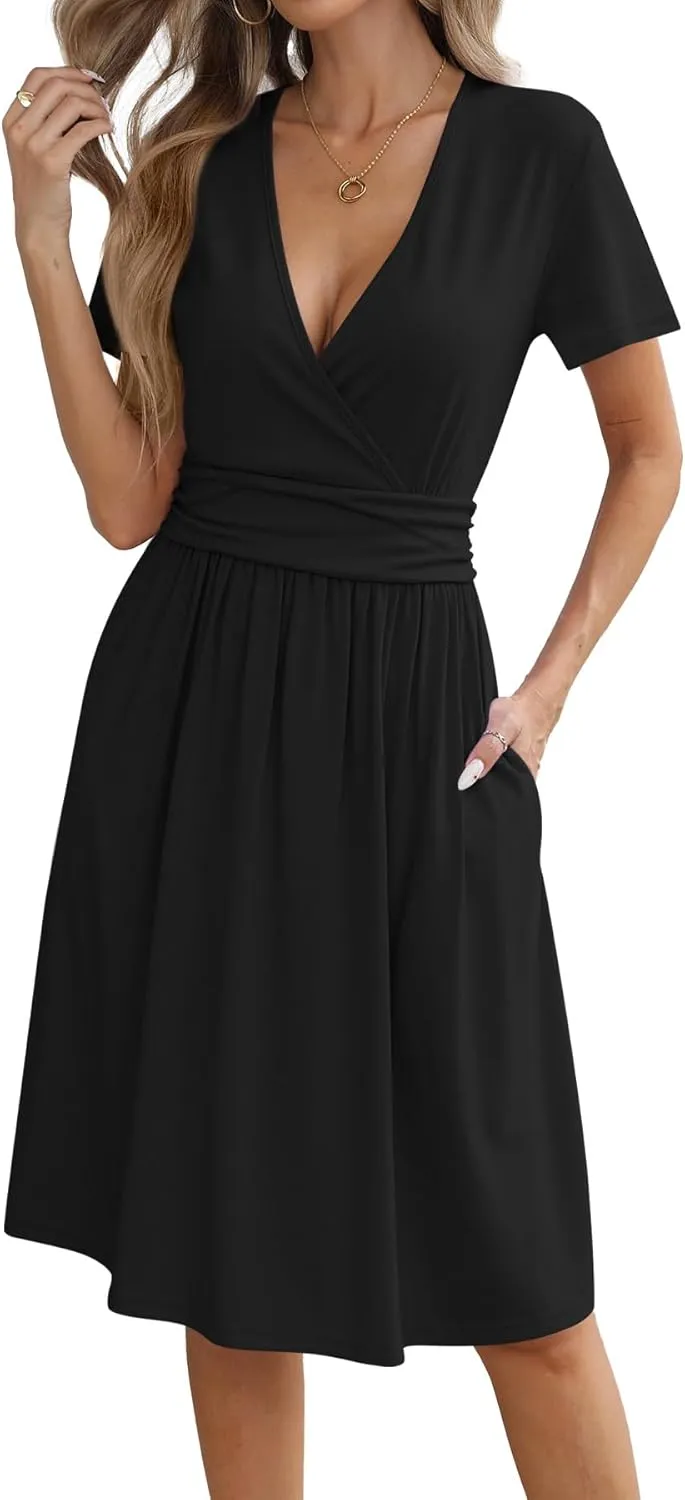 Women's Summer Short Sleeve Casual Wrap Dresses V-Neck with Pockets Elastic Waist Flowy Midi Beach Dress