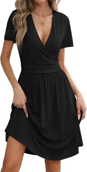 Women's Summer Short Sleeve Casual Wrap Dresses V-Neck with Pockets Elastic Waist Flowy Midi Beach Dress