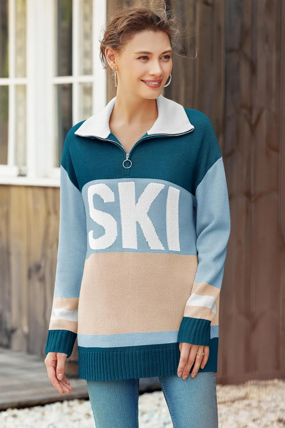 Womens Sweaters Trendy Long Sleeve 1/4 Zip Pullover Polo V Neck Dressy Casual Color Block Ski Knit Tops