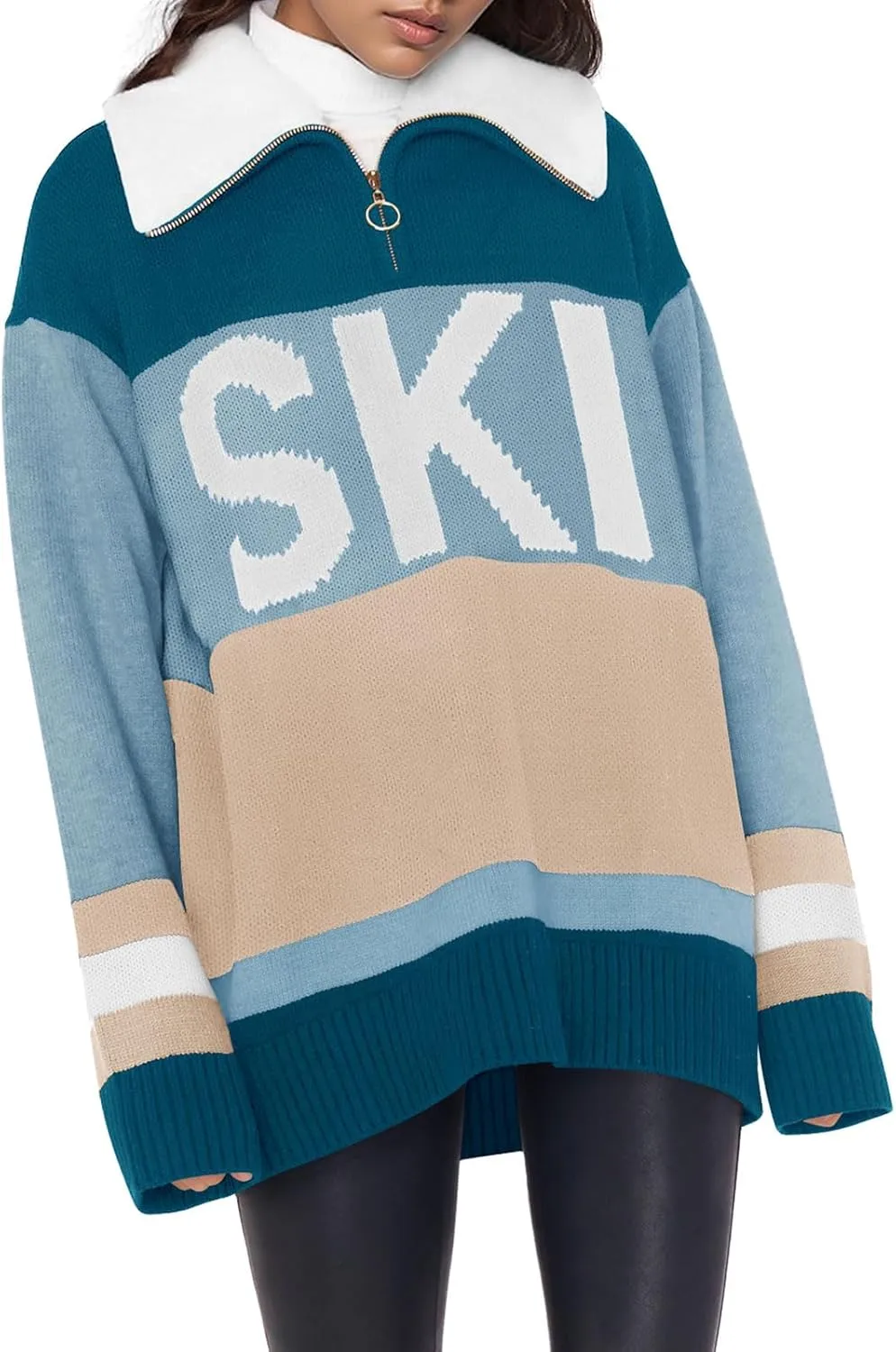 Womens Sweaters Trendy Long Sleeve 1/4 Zip Pullover Polo V Neck Dressy Casual Color Block Ski Knit Tops