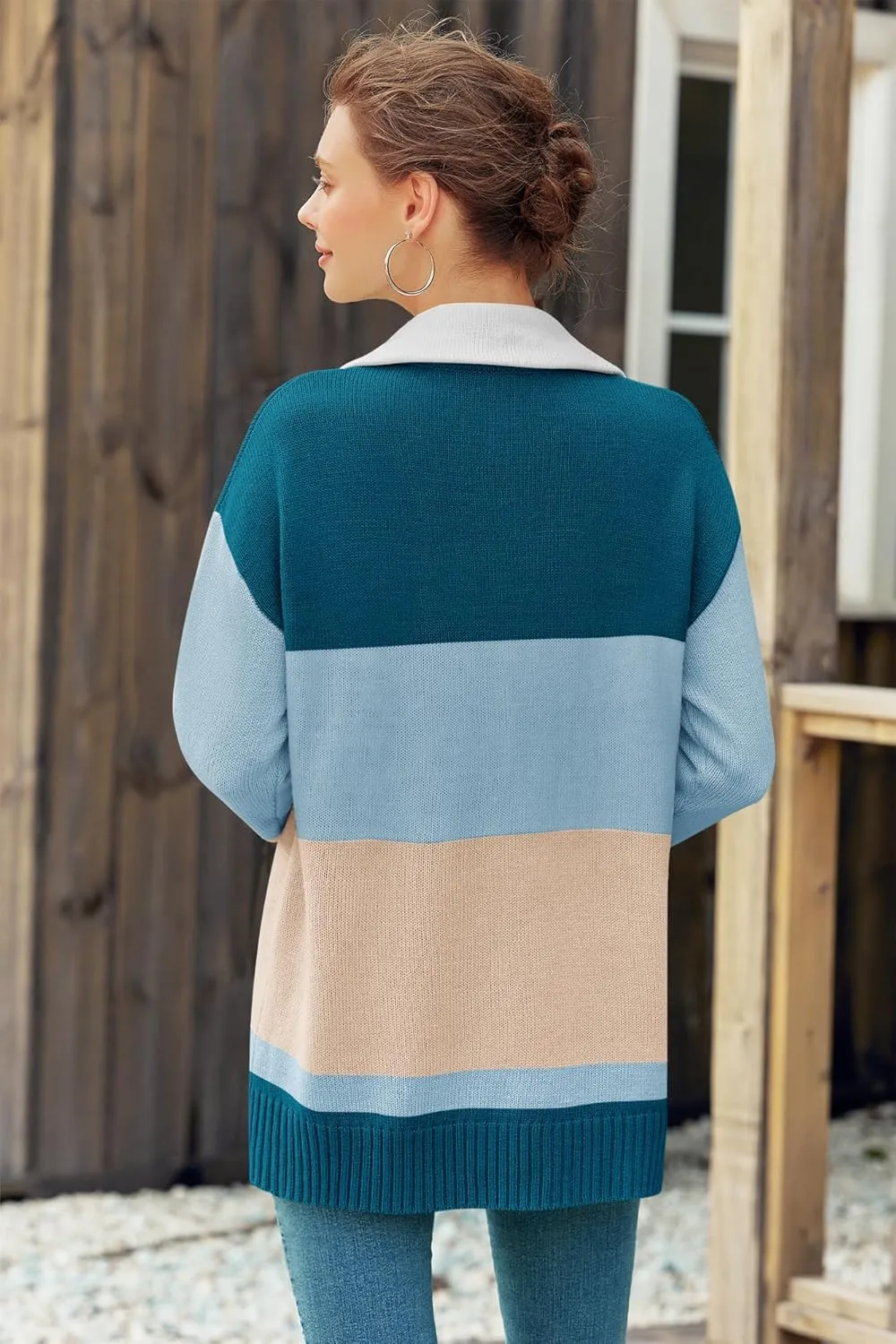 Womens Sweaters Trendy Long Sleeve 1/4 Zip Pullover Polo V Neck Dressy Casual Color Block Ski Knit Tops